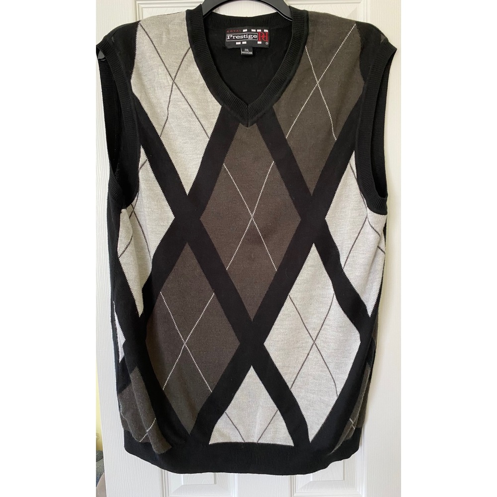 Royal Prestige Mens Sweater Vest 2XL XXL Argyle V-Neck Black Brown Knit Golf RP